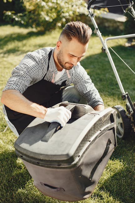 A blue wheelbarrow filled with freshly cut green ivy and leafy branches, positioned on a grassy lawn with small white dandelions scattered across the surface. The wheelbarrow is situated outdoors in a